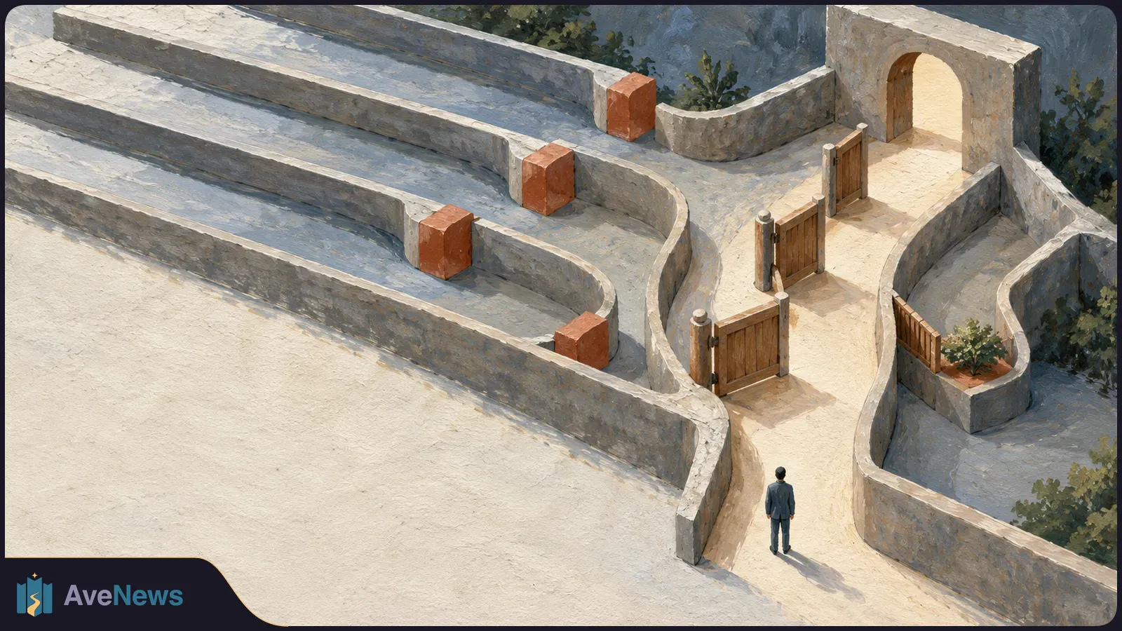 Illustration of a small figure approaching wooden gates along a winding stone-walled path toward an archway, with red blocks in adjacent lanes. SI illustration