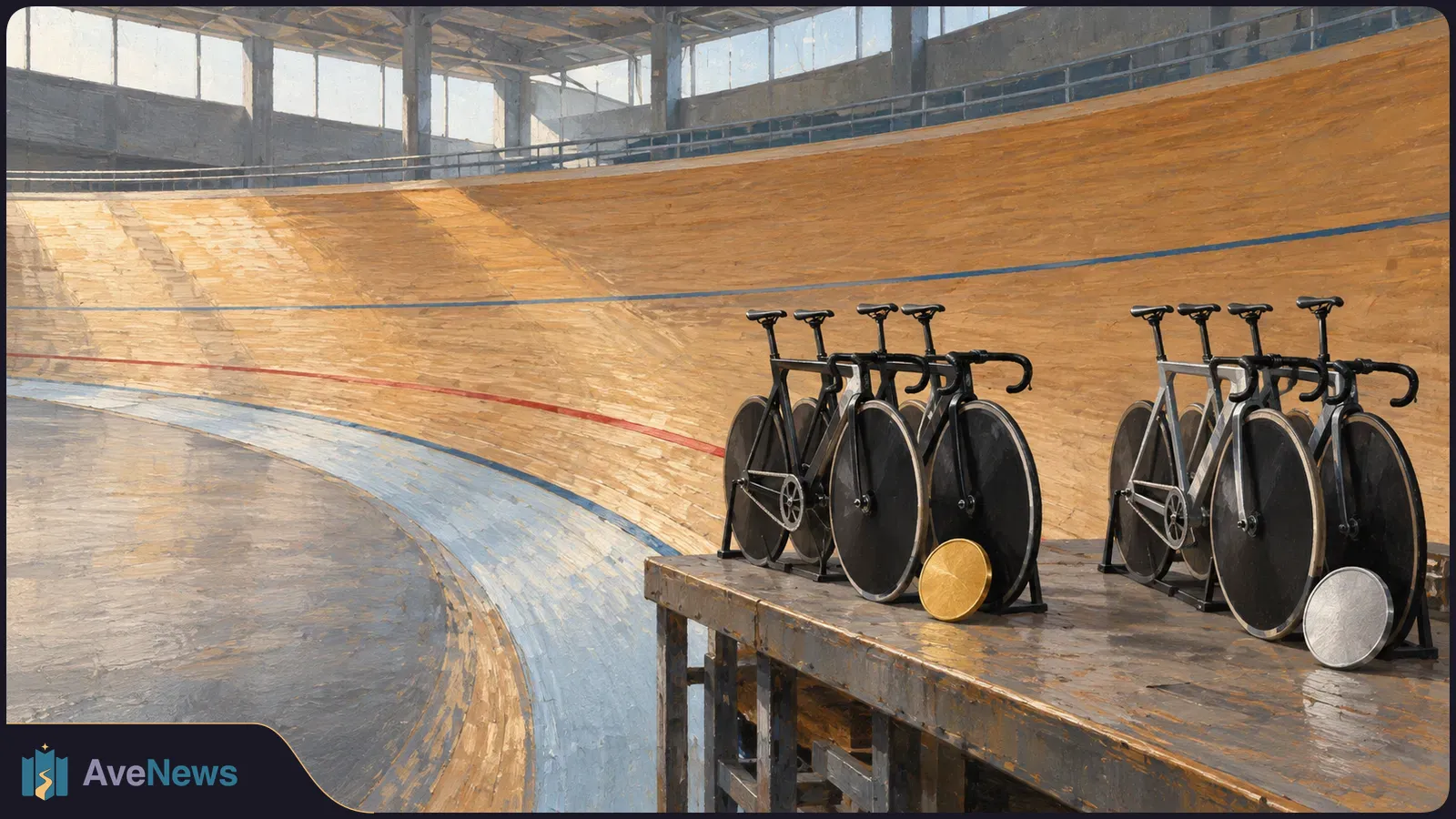 Painted illustration of two groups of track bicycles on a platform, with gold and silver discs in front and a banked wooden cycling track behind. SI illustration