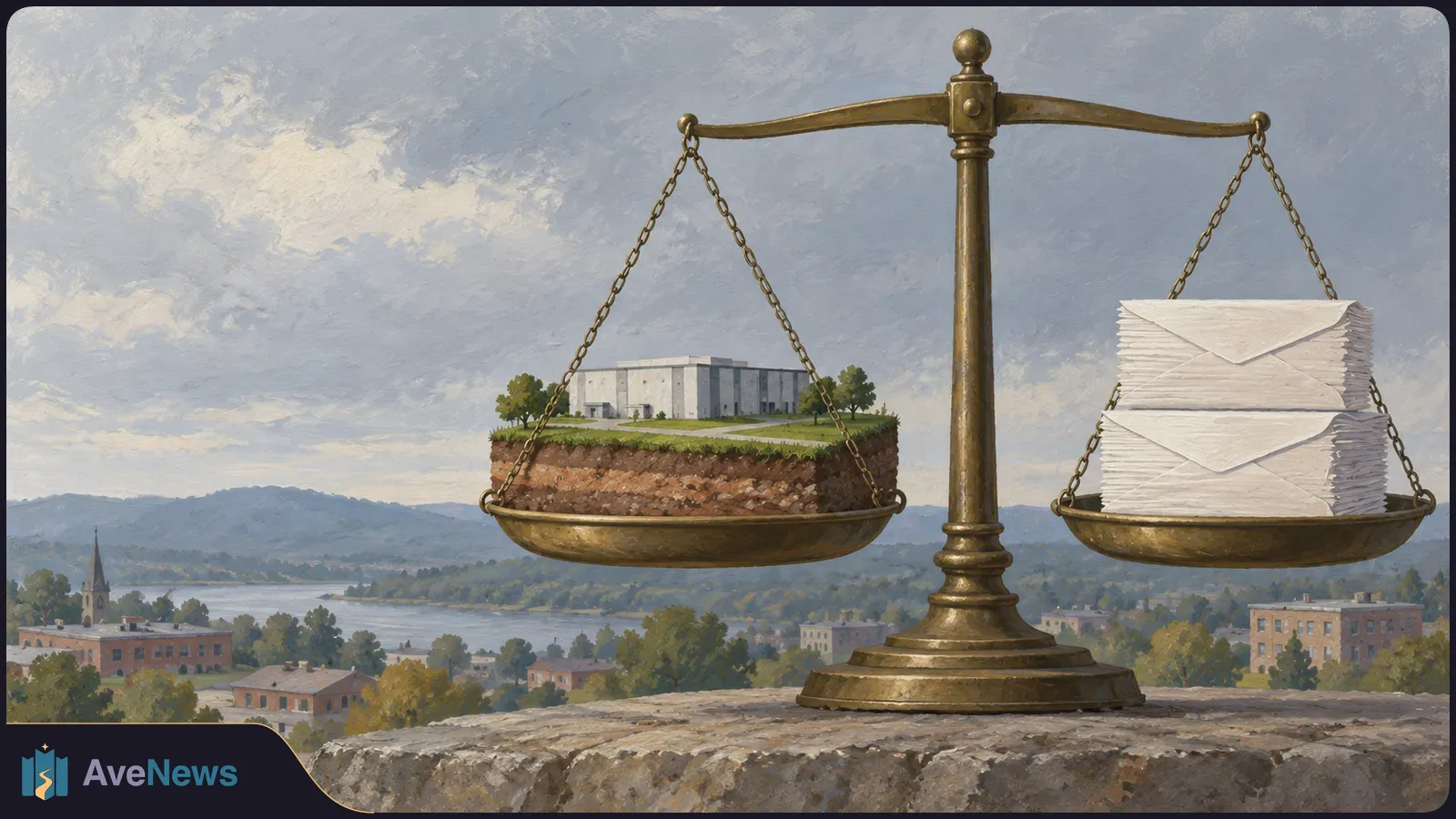 A painted brass balance scale holds a building on a grassy patch of earth on one side and stacks of white envelopes on the other, above a riverside town. SI illustration