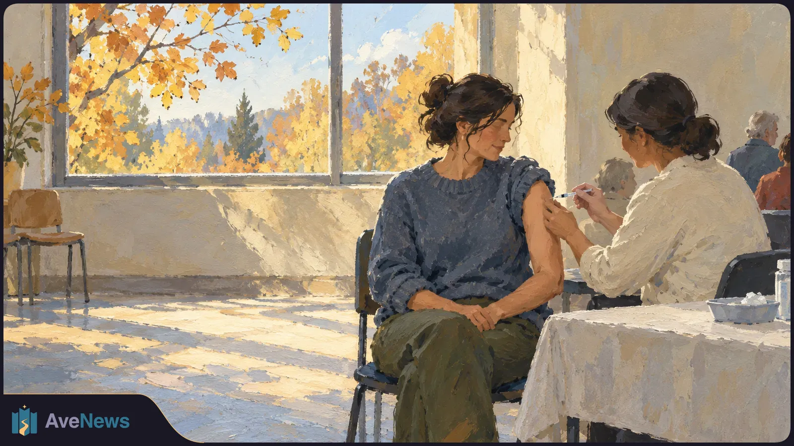 Illustration of a woman receiving an injection in her upper arm from another woman in a sunlit room, with autumn trees visible through a large window. SI illustration