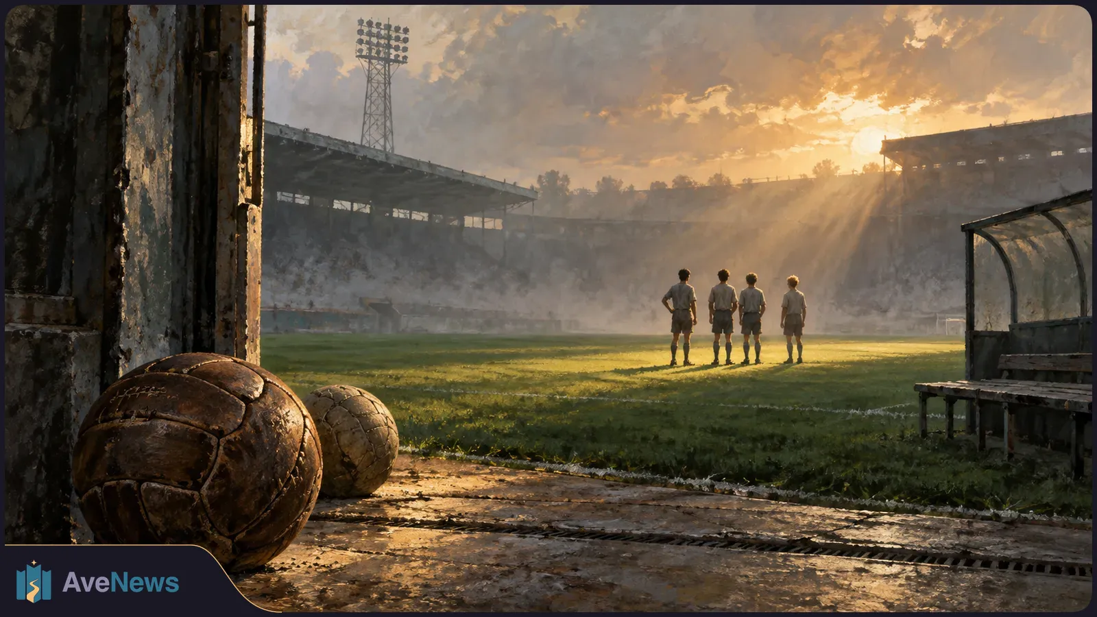 Two worn footballs sit beside a stadium tunnel as four young players face a sunlit pitch and stands. SI illustration