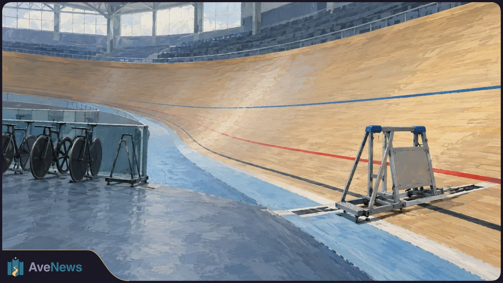 An illustrated indoor velodrome with a steep wooden track, empty spectator seats, several racing bicycles at left and a metal stand at right. SI illustration