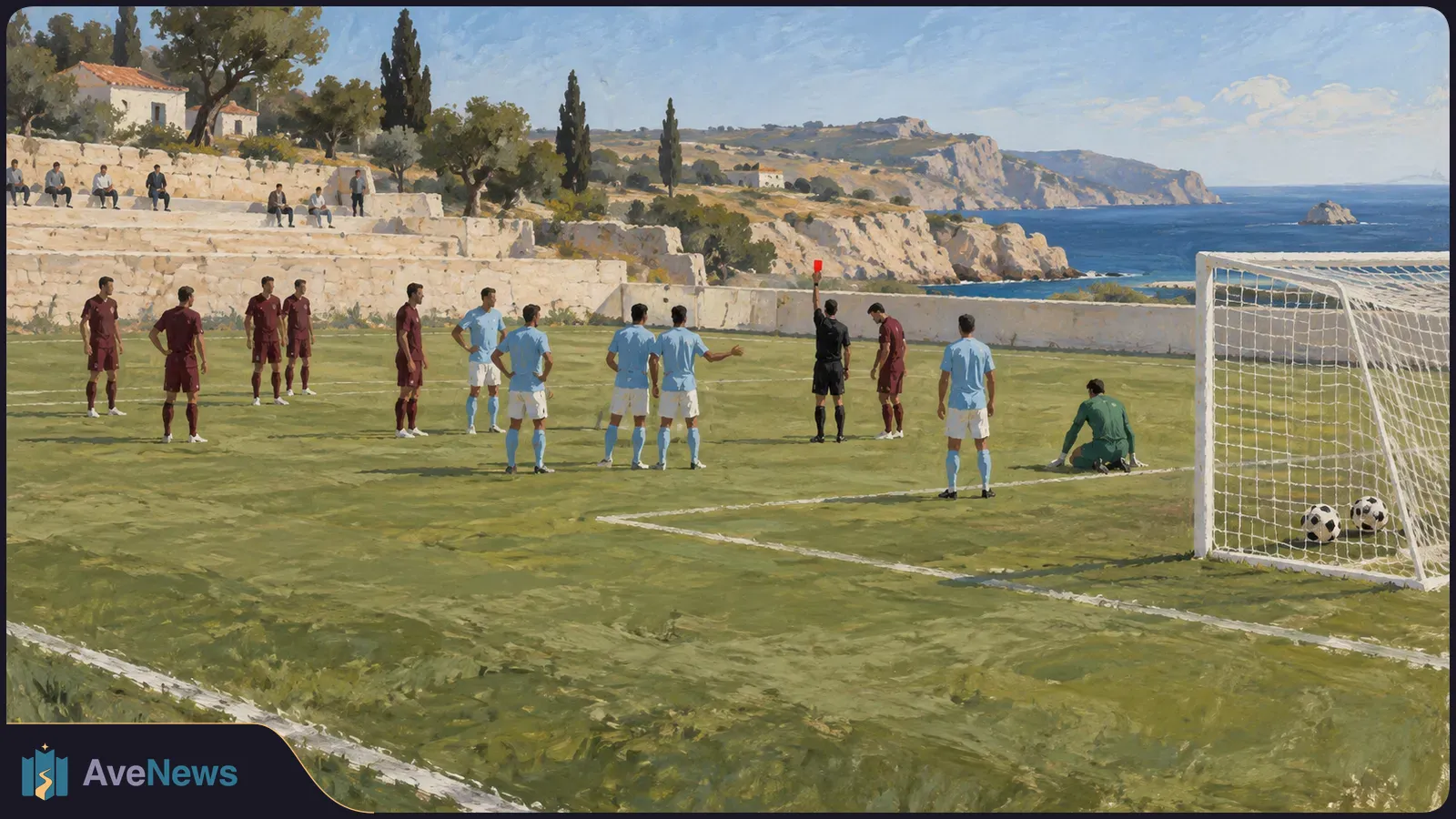 Painted football scene on a coastal pitch: a referee raises a red card as players gather near the goal, where two balls lie in the net. SI illustration