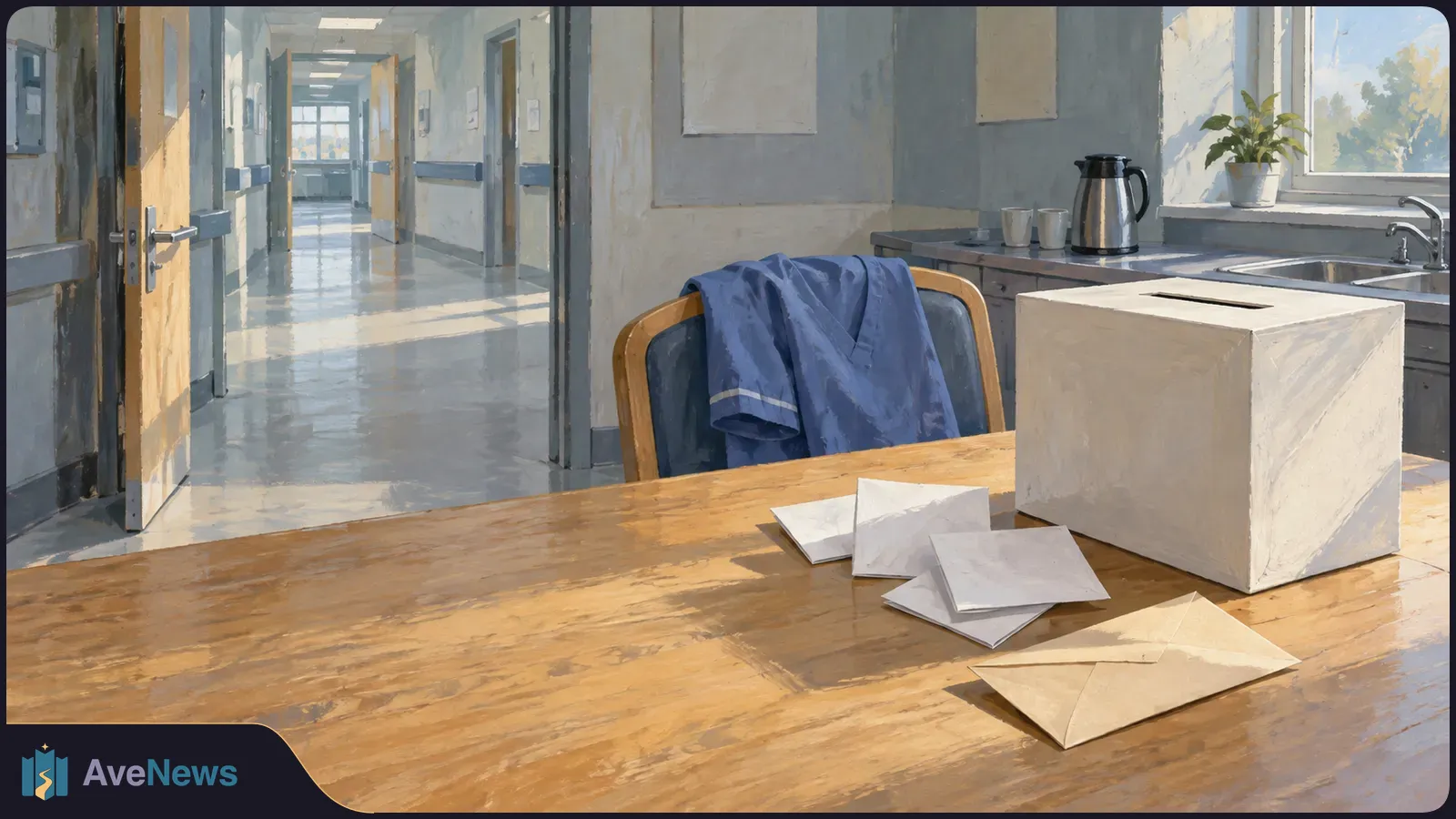 A plain ballot box and unmarked envelopes sit on a wooden table beside a chair draped with blue scrubs. An empty hospital corridor extends behind them. SI illustration