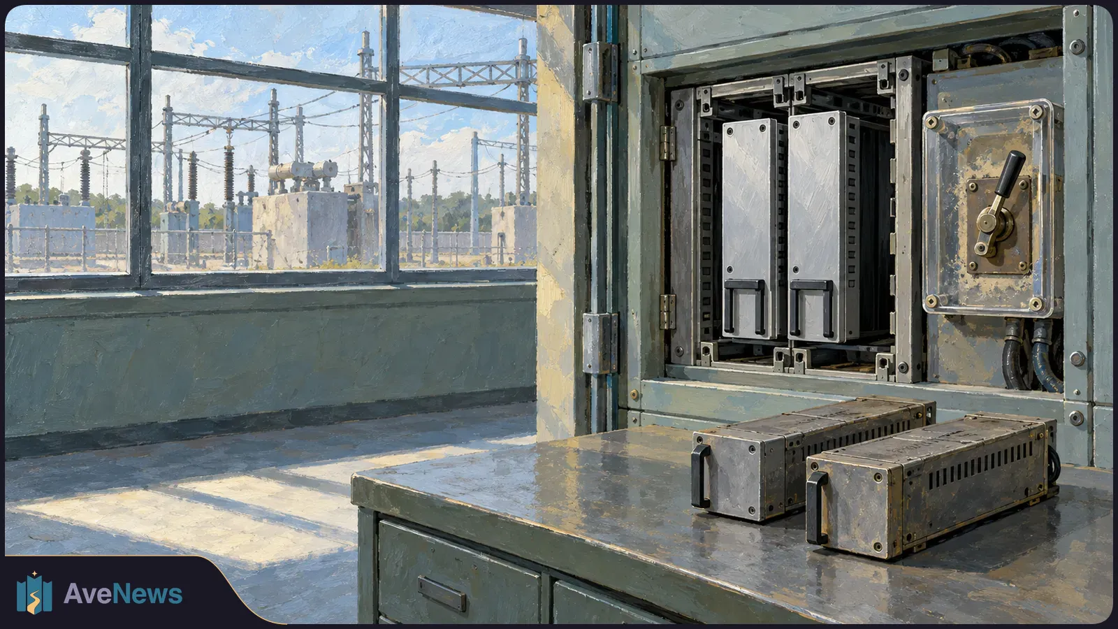 Painterly view of two metal modules on a workbench beside an open equipment cabinet, with an electrical substation visible through a window. SI illustration