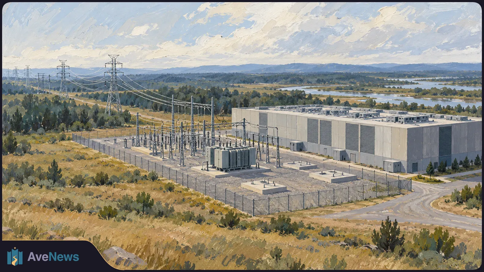 Painted aerial view of a large windowless building beside a fenced electrical substation and power lines, with grassland, trees and water beyond. SI illustration