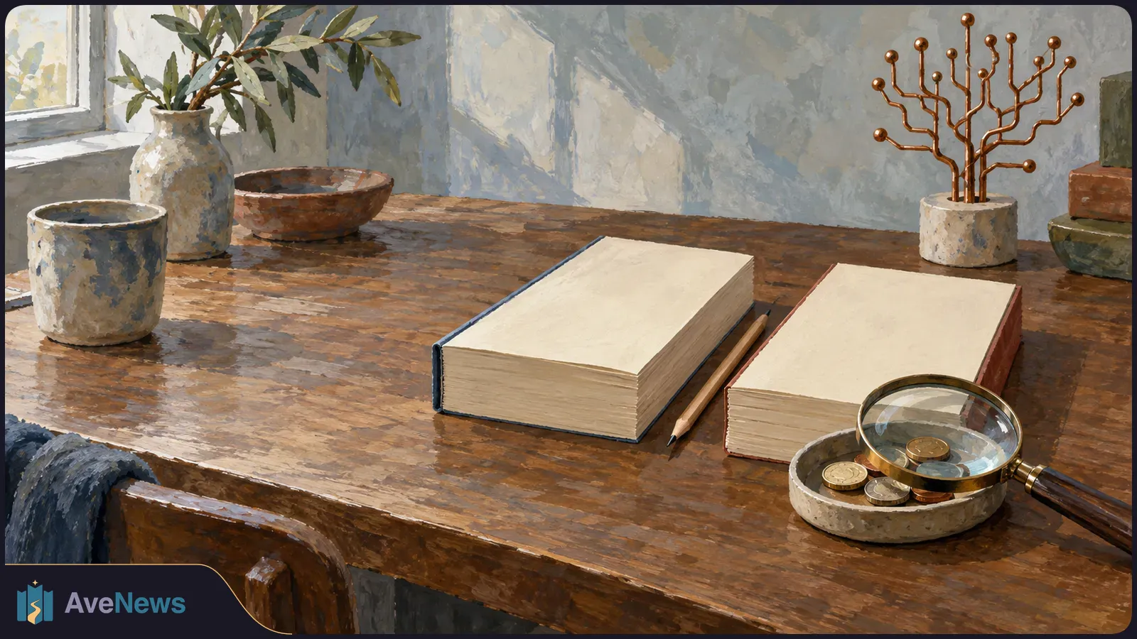Painterly illustration of two thick blank books and a pencil on a wooden table. A magnifying glass rests over coins in a dish; a vase and branching metal ornament sit behind. SI illustration