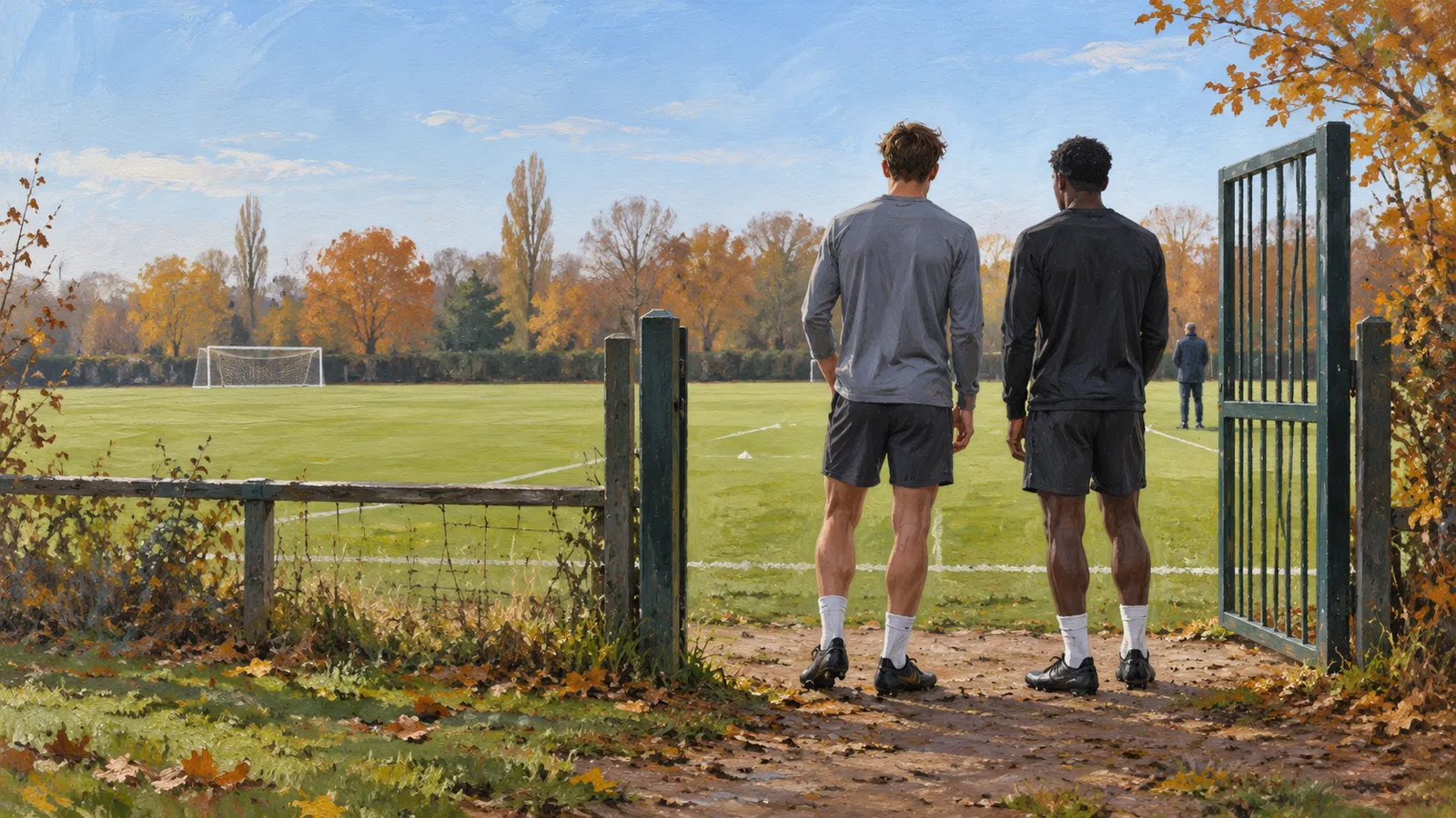 Two men in sportswear stand with their backs to the viewer at an open gate, looking across a football pitch bordered by autumn trees. SI illustration