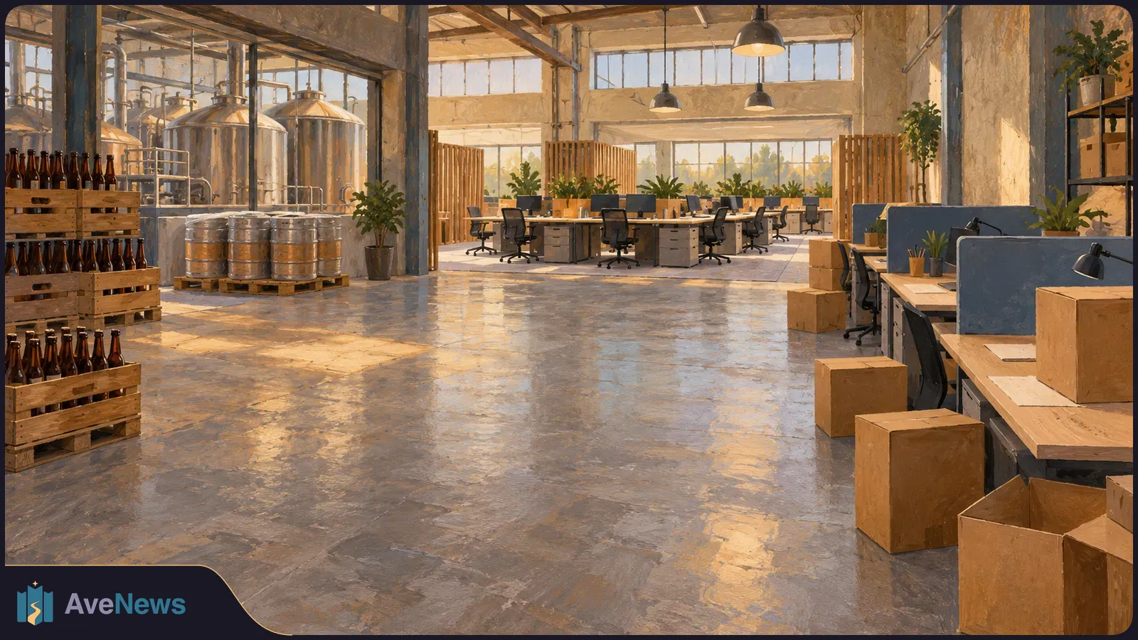 Painted interior with brewery tanks and bottles on the left, office desks and blank monitors in the center, and cardboard boxes beside workstations on the right. SI illustration