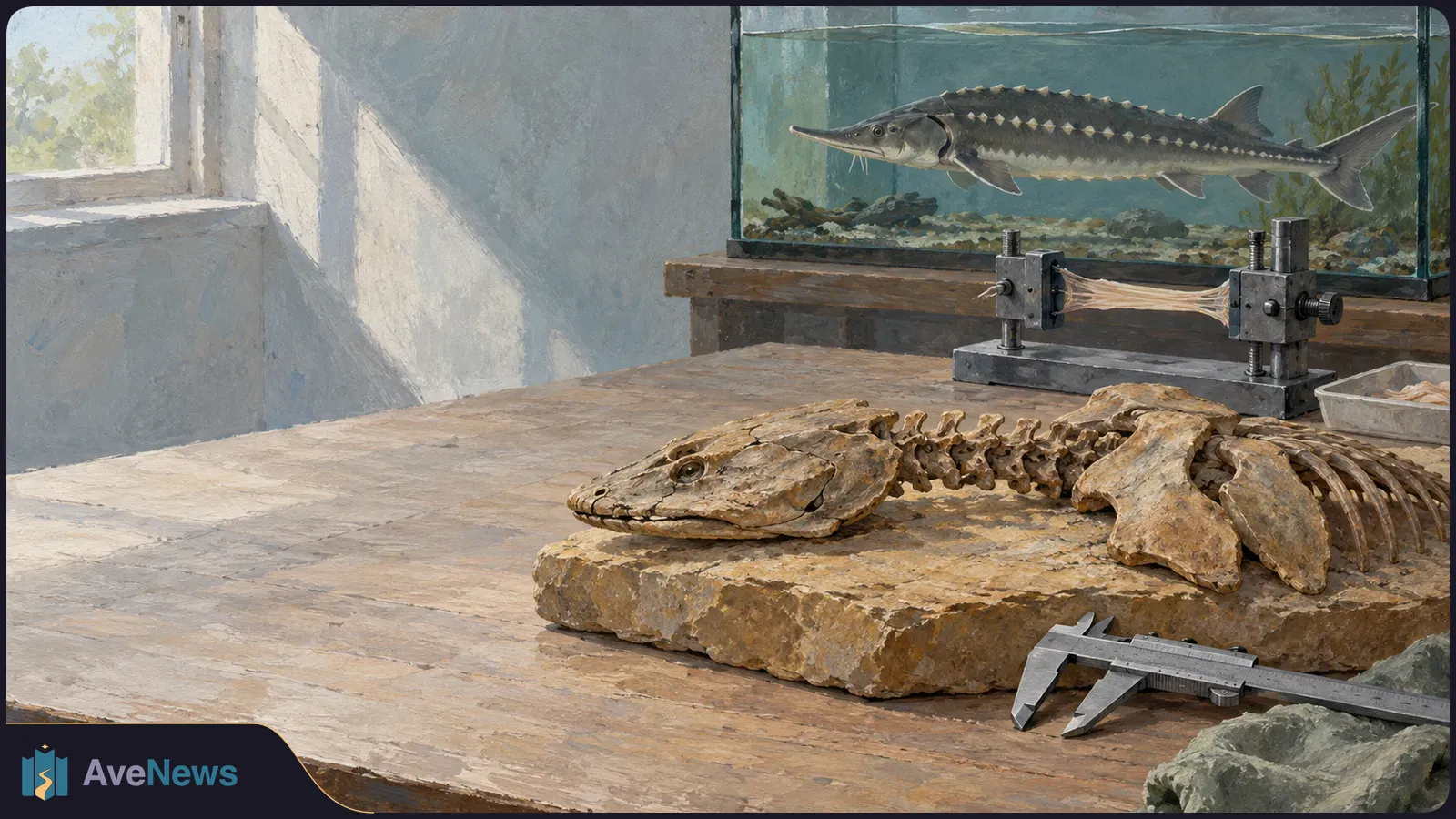 Painted lab scene with a sturgeon in a tank, a fossil skull and spine on a stone slab, a pale strip held in clamps, and calipers on the table. SI illustration
