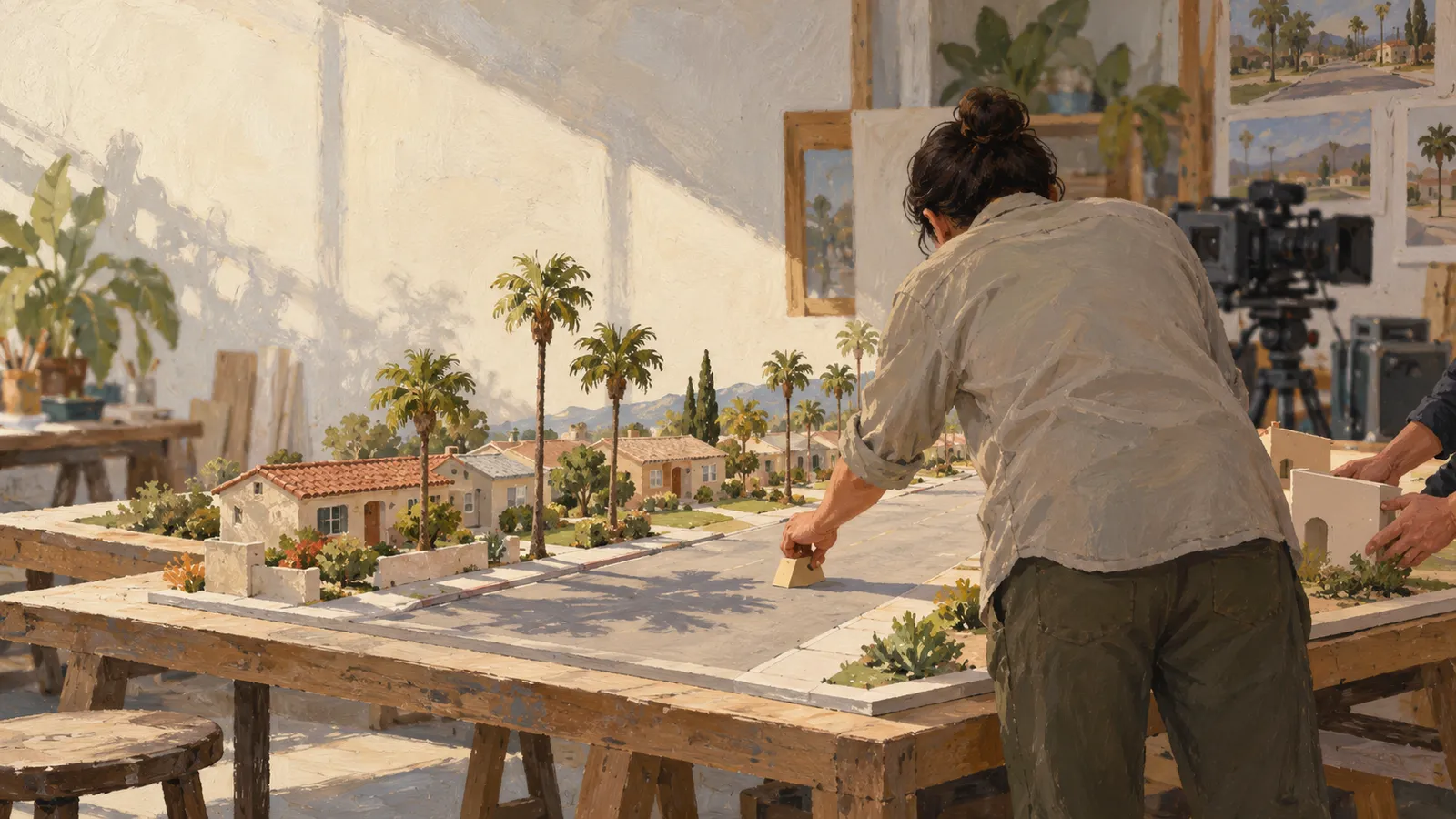 A person works on a miniature palm-lined neighborhood on a table, with a film camera behind them and another person's hands at the edge. SI illustration