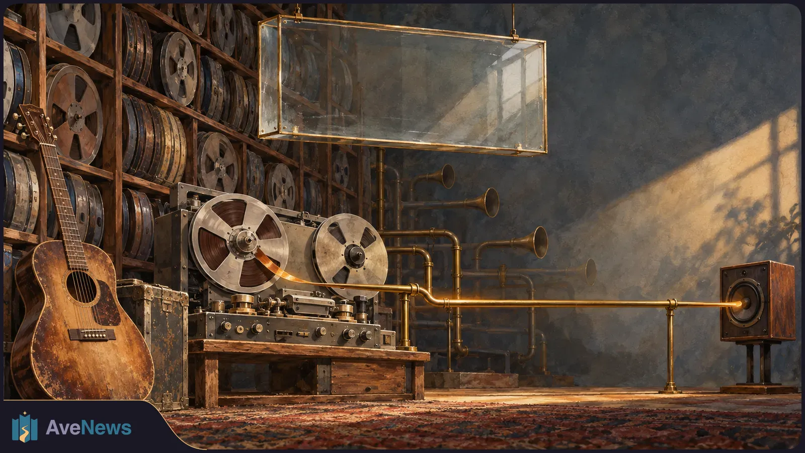 Painterly scene of a worn acoustic guitar, reel-to-reel tape recorder and shelves of tape reels. Brass pipes lead to a speaker beneath a blank glass panel. SI illustration