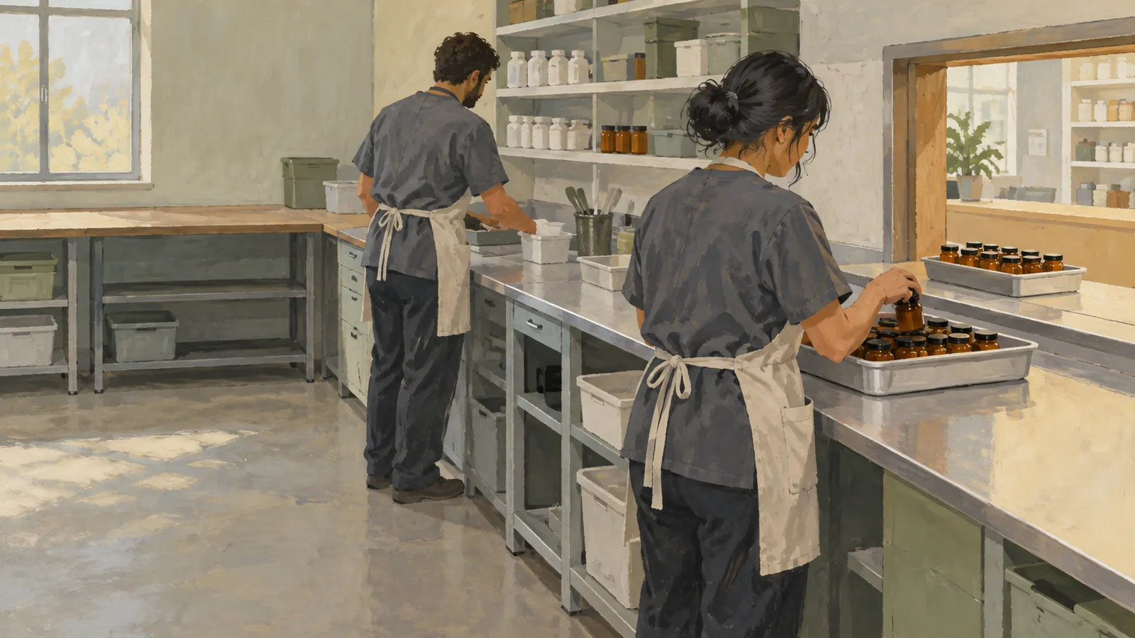 Illustration of two people in aprons working at counters in a room lined with bottles; one arranges small brown jars on a tray. SI illustration