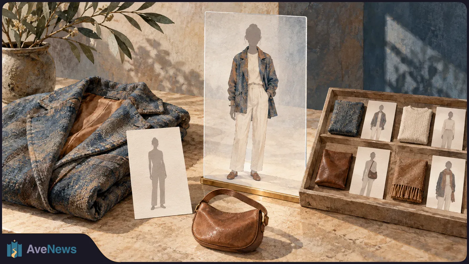 A patterned coat lies beside a brown handbag and a tray of clothing and outfit cards. A transparent panel shows a figure wearing the coat and white trousers. SI illustration