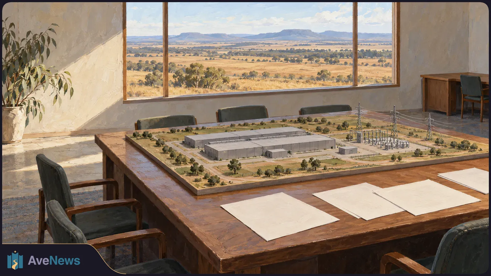 A model of long buildings and an electrical substation sits on a meeting table beside blank sheets. Open fields are visible through a large window. SI illustration