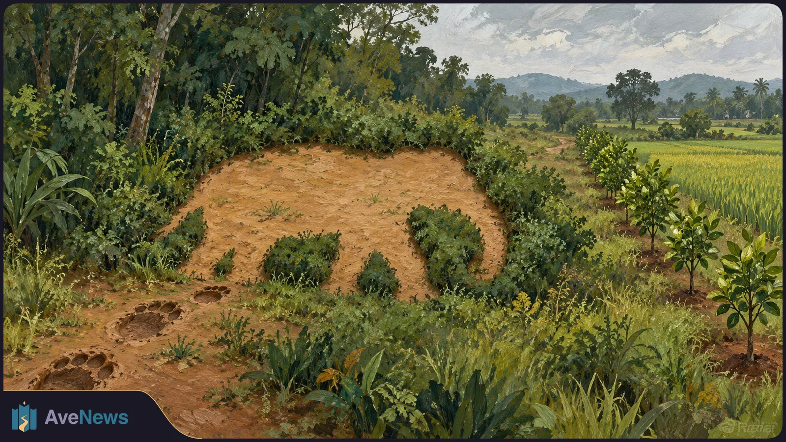Painted landscape with large footprints in a dirt path beside dense trees and shrubs, with rows of small trees, a green field and distant hills. SI illustration
