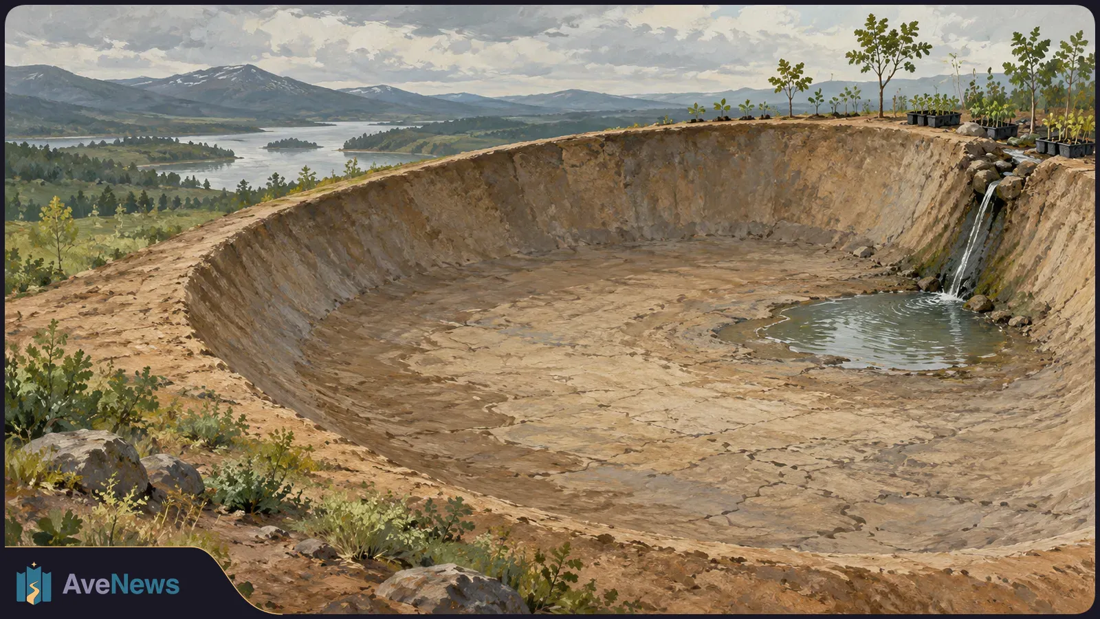 Illustration of a large, mostly dry earthen basin with a small pool fed by a stream. Seedlings line its rim; a lake and mountains lie beyond. SI illustration