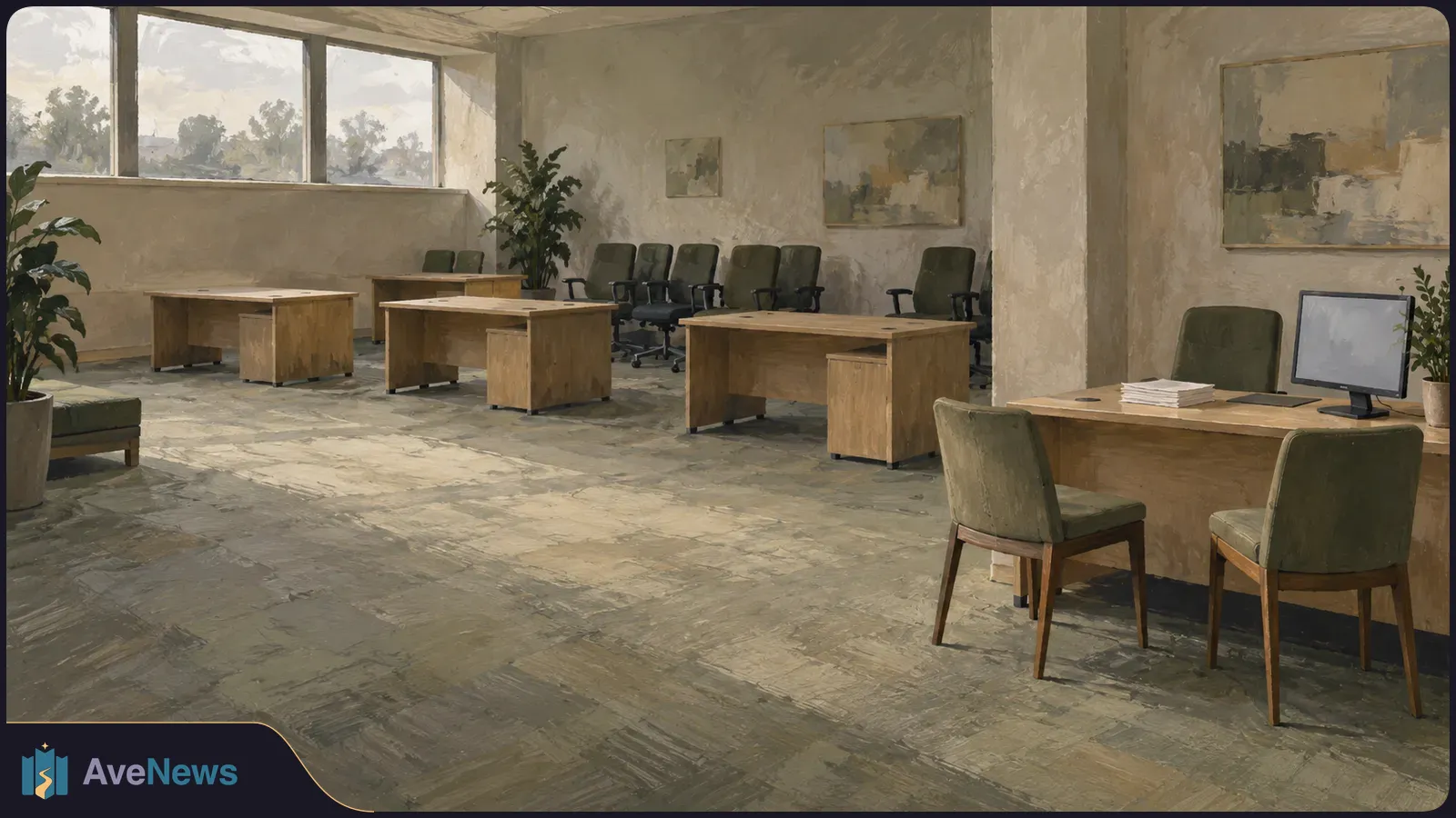 Painted view of an empty office with wooden desks, vacant chairs, plants and large windows; a blank monitor and a stack of papers sit on the nearest desk. SI illustration