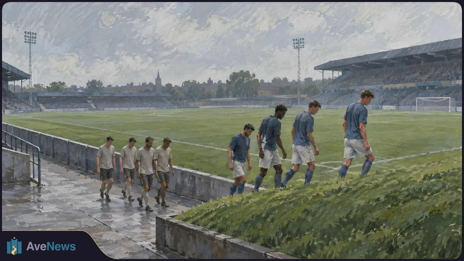 Painterly view of eight football players walking beside a green pitch, four in pale kits and four in blue, with stands, floodlights and a goal behind them. SI illustration