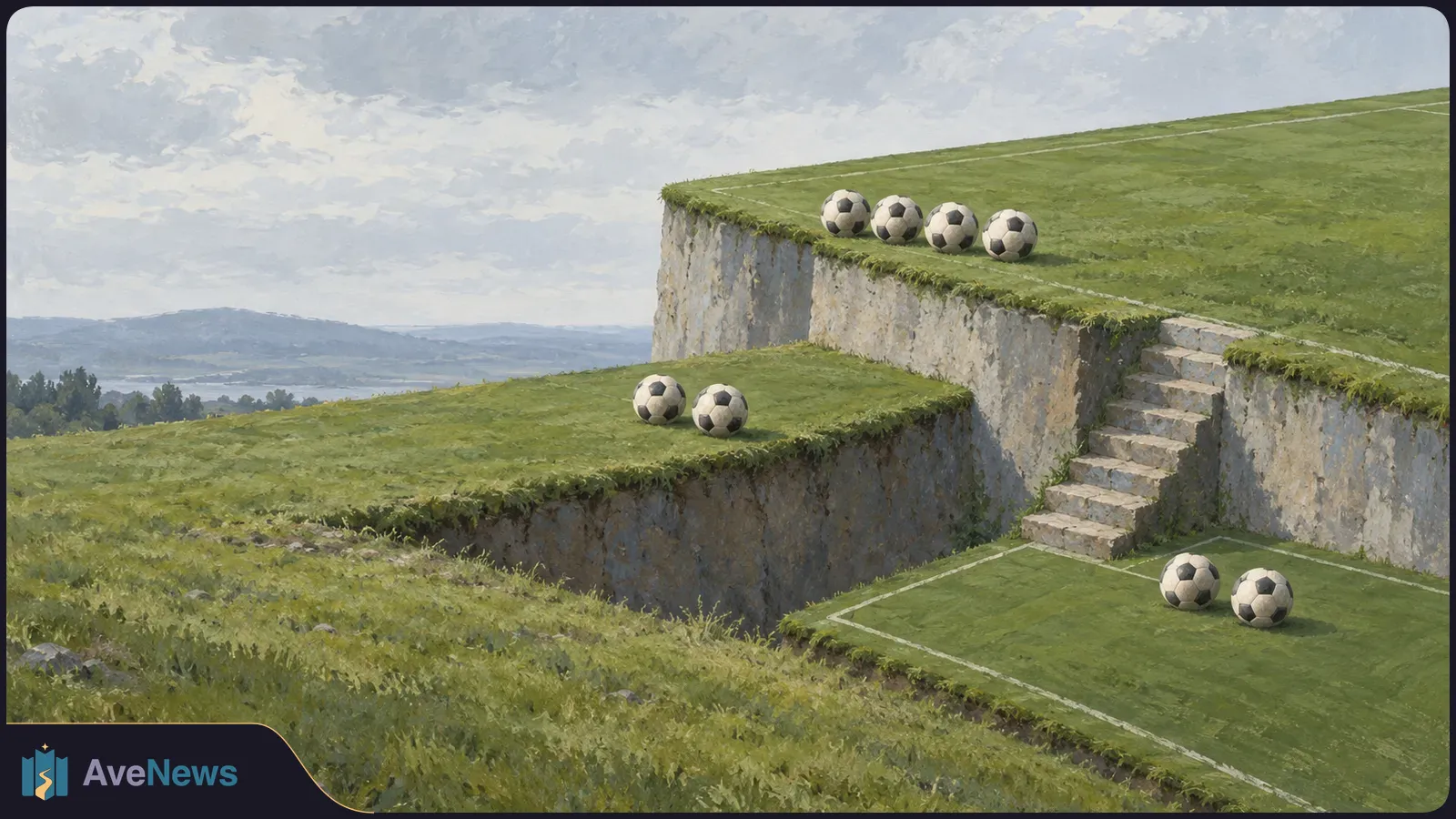 A painted hillside with three grassy football-pitch terraces: four footballs on the top level, two on the middle level and two below, beside stone steps. SI illustration