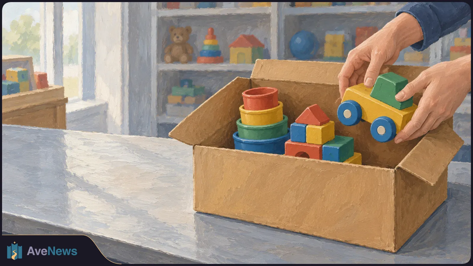Painted scene of hands placing a colorful toy car into a cardboard box of blocks and stacking cups, with shelves of toys behind it. SI illustration