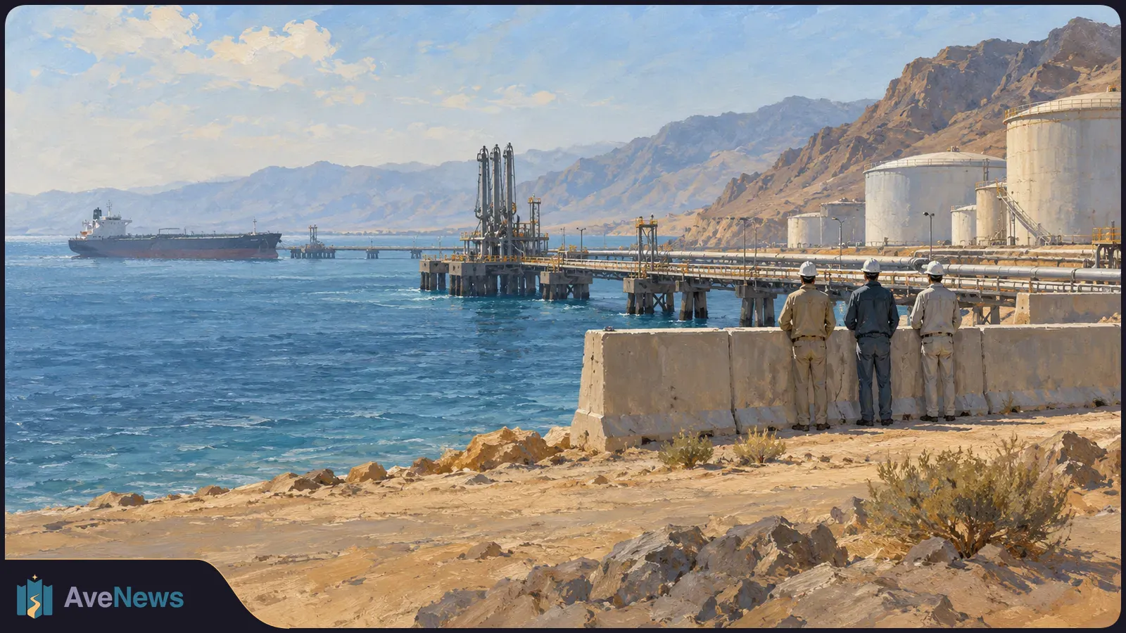 Painterly coastal oil terminal with storage tanks, pipelines and a tanker offshore; three hard-hatted figures stand by a concrete barrier, with mountains behind them. SI illustration
