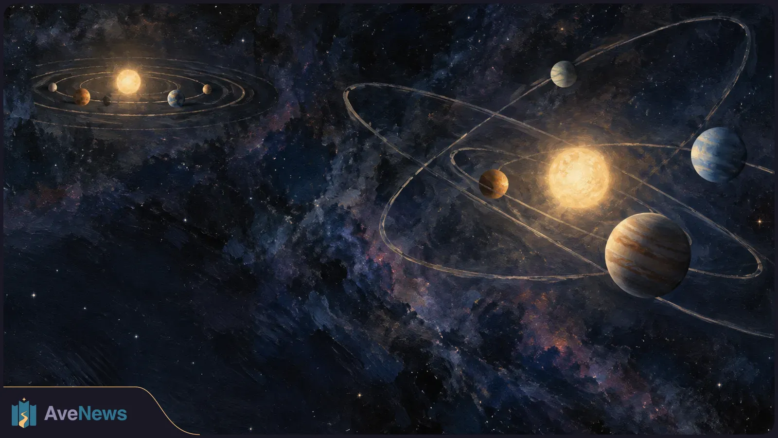 Painted star field with two planetary systems: a small sun and neatly spaced orbits at left, and a larger glowing star with tilted, crossing orbits at right. SI illustration