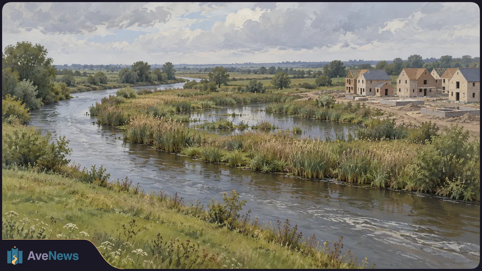 Painted landscape of a winding river and reed beds, with partly built houses on the far bank beneath a cloudy sky. SI illustration