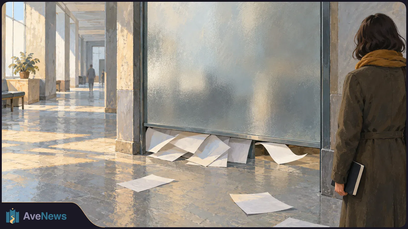Illustration of a woman holding a notebook beside a frosted glass partition. Loose sheets of paper lie beneath it and across a sunlit corridor floor. SI illustration