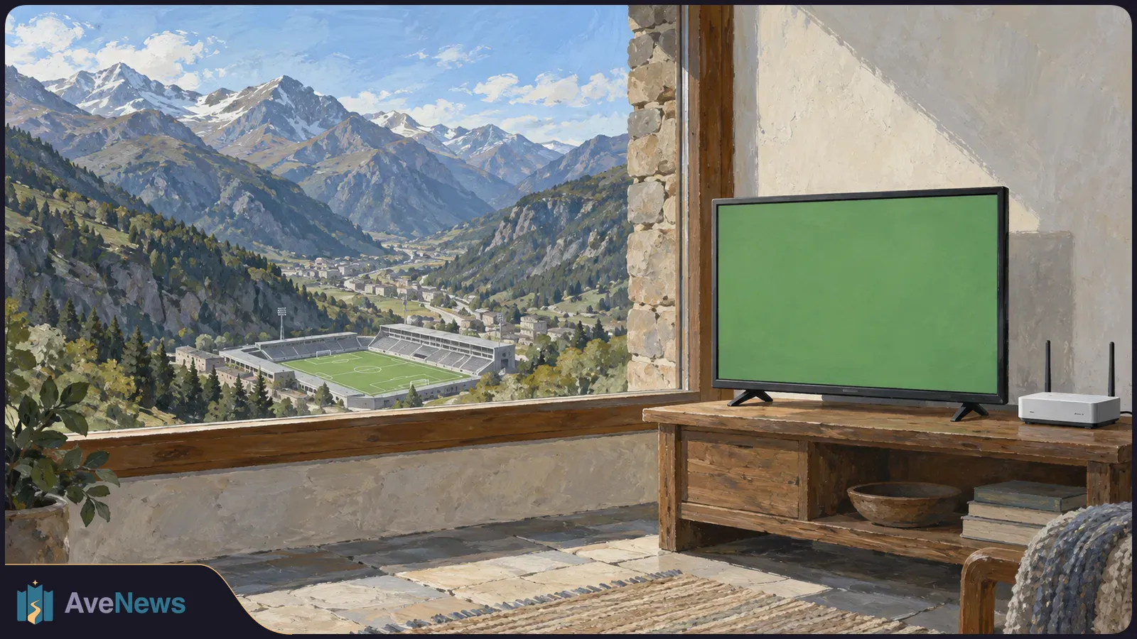 Painted scene of a TV with a blank green screen and a router on a wooden table, beside a window overlooking a football stadium in a mountain valley. SI illustration