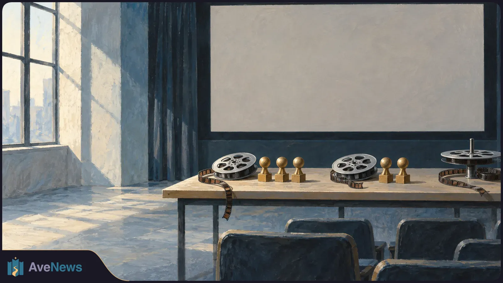 Painted empty screening room with a blank screen, film reels and five small gold award statuettes on a table behind dark seats. SI illustration