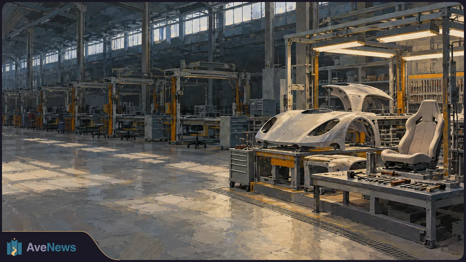 Painted view of a large, empty workshop with an unfinished sports car body, a separate seat and tools at assembly stations. SI illustration