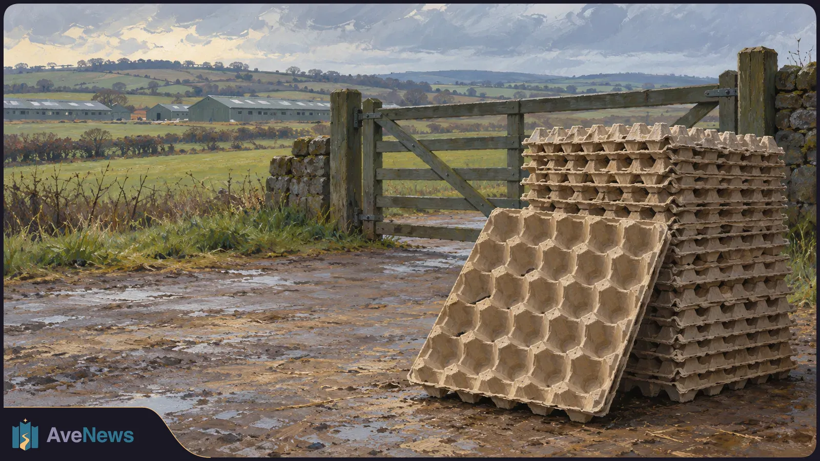 Stacks of empty egg trays beside a wooden farm gate on a muddy track, with farm buildings, fields and hills beneath a cloudy sky. SI illustration