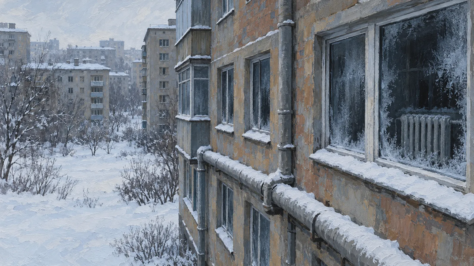 A painted snowy apartment courtyard, with frost-covered windows, exterior pipes and a radiator visible inside one window. SI illustration