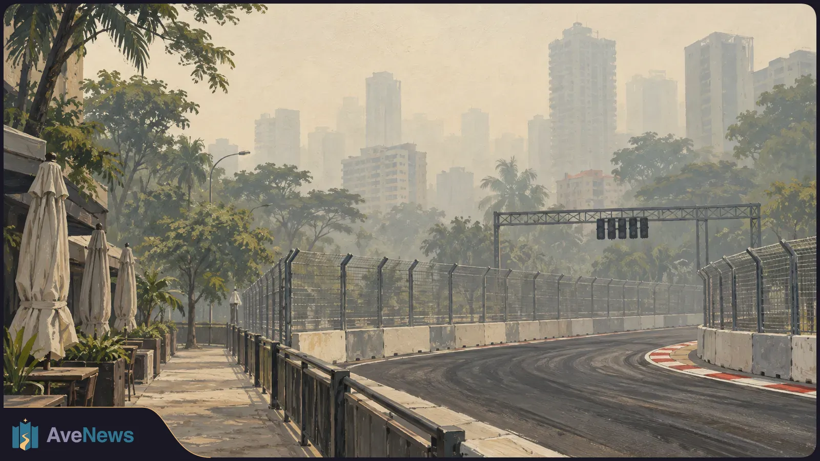 An empty fenced race circuit curves past closed café umbrellas, with high-rise buildings fading into haze behind it. SI illustration