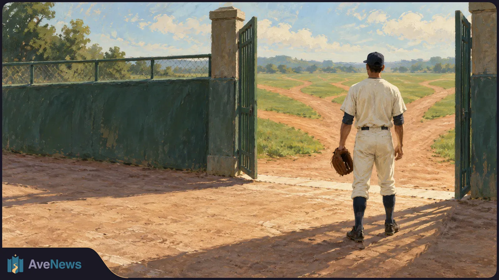 Painterly illustration of a baseball player seen from behind, holding a glove at an open gate facing a grassy field with branching dirt paths. SI illustration
