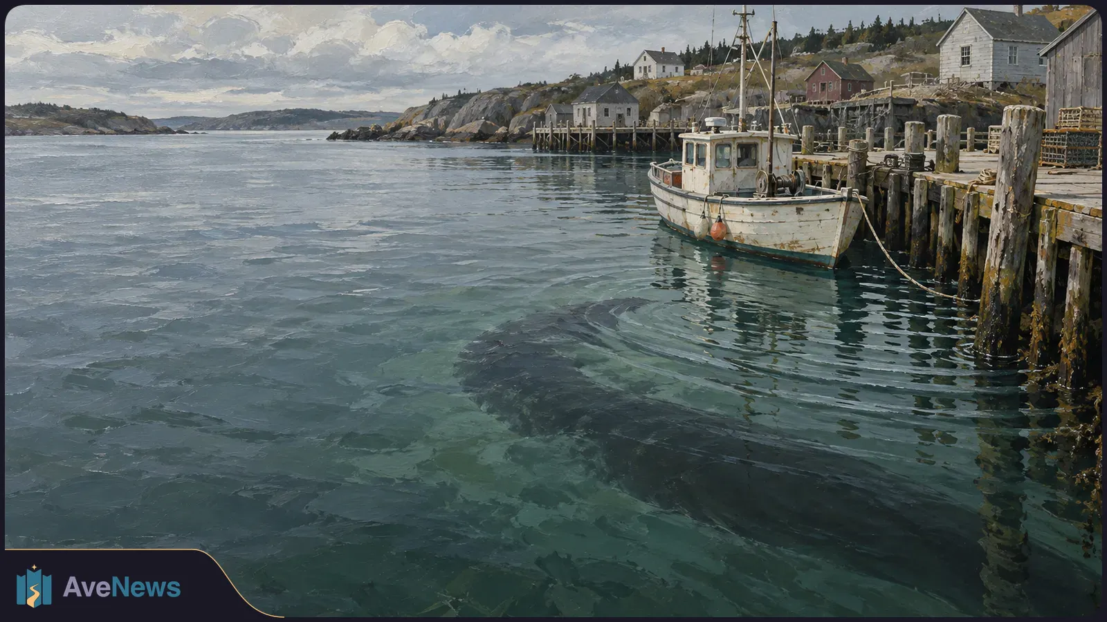 A painted coastal harbor with a fishing boat tied to a wooden pier and a large dark shape beneath the water. SI illustration