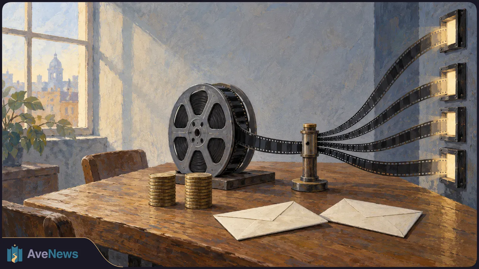 A painted film reel on a wooden table, with two stacks of coins and two envelopes. Film strips extend toward four glowing wall slots. SI illustration