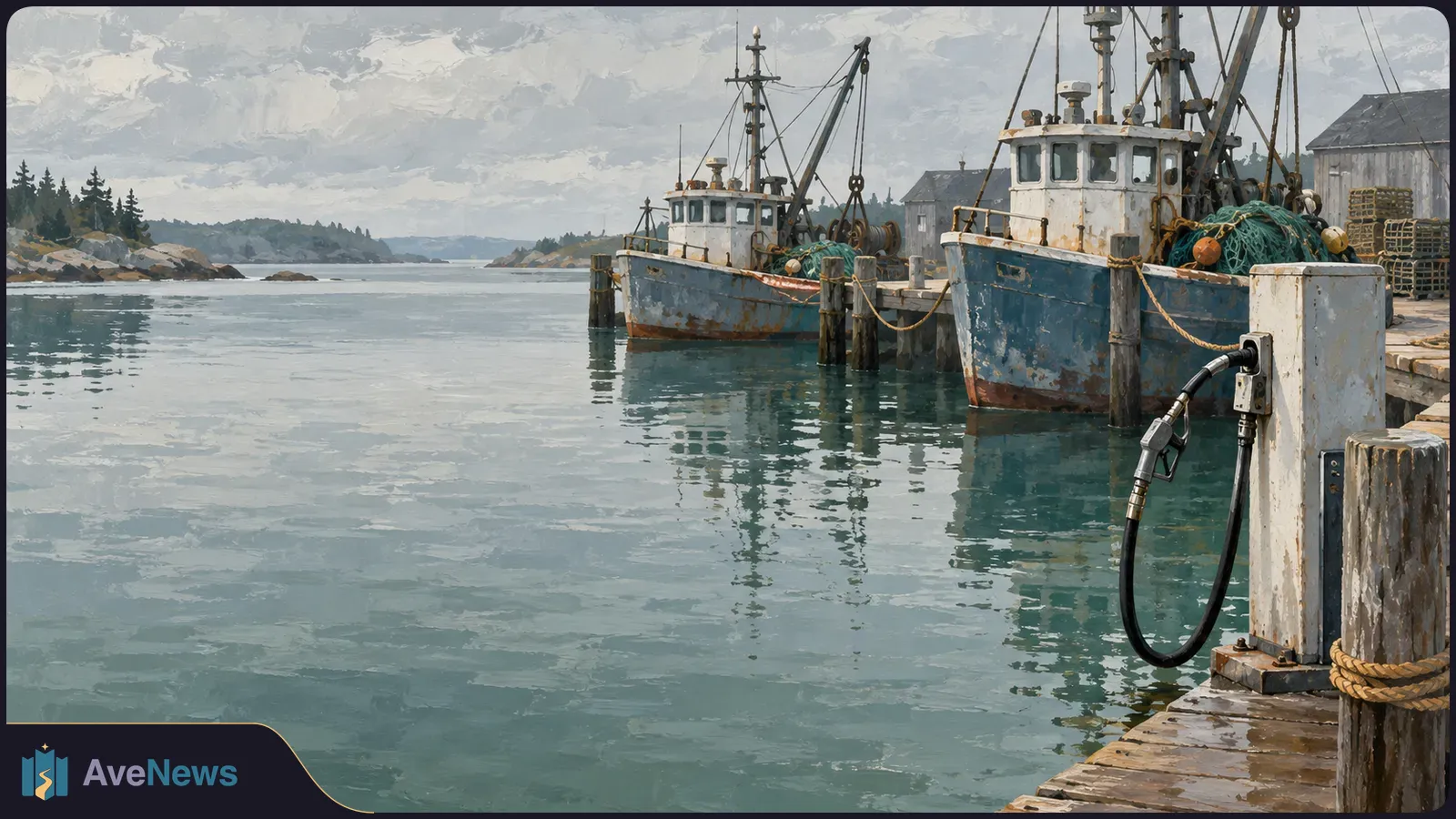 Two fishing boats with nets sit at a dock beside a diesel pump and hose, with calm harbor water in the foreground. SI illustration