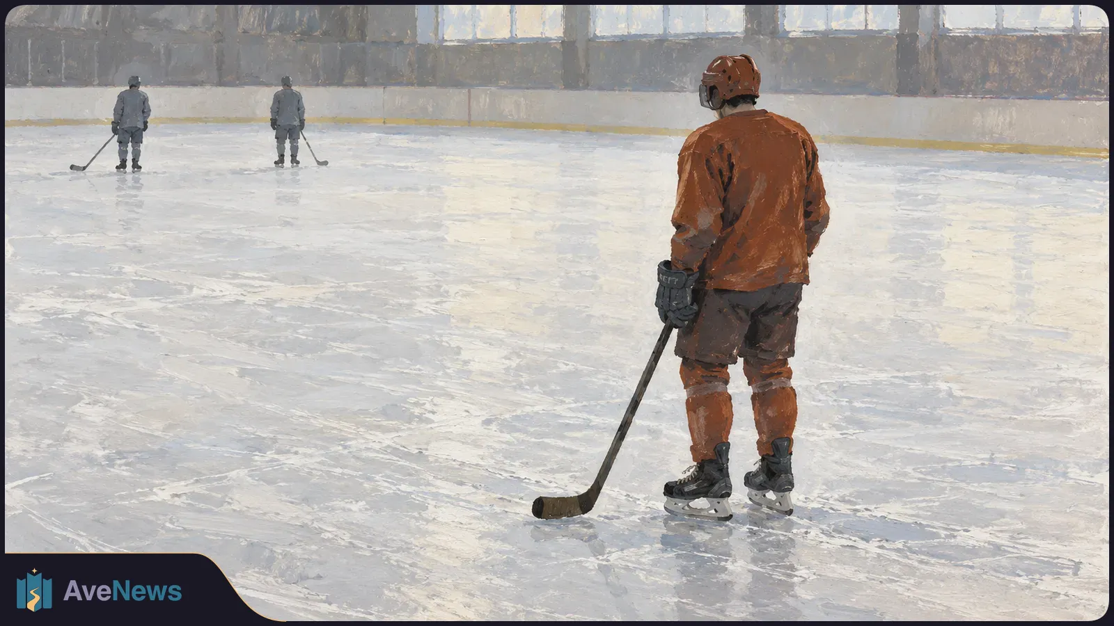 Painterly illustration of three hockey players on an indoor rink. A player in orange holds a stick in the foreground; two players in gray stand near the far boards. SI illustration