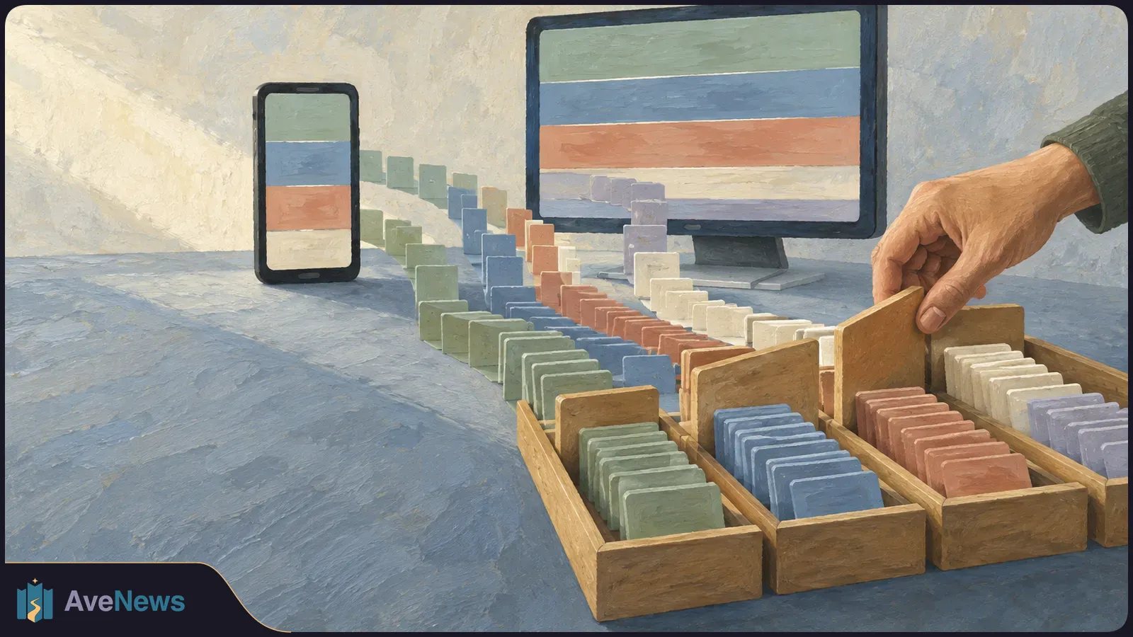 Painted illustration of a hand arranging colored tiles in wooden trays, with rows of tiles leading toward a phone and monitor displaying horizontal color bands. SI illustration