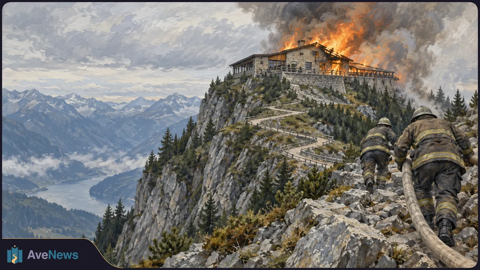 Painted scene of firefighters hauling a hose up a rocky mountainside toward a building engulfed in flames and smoke, with mountains and a lake beyond. SI illustration