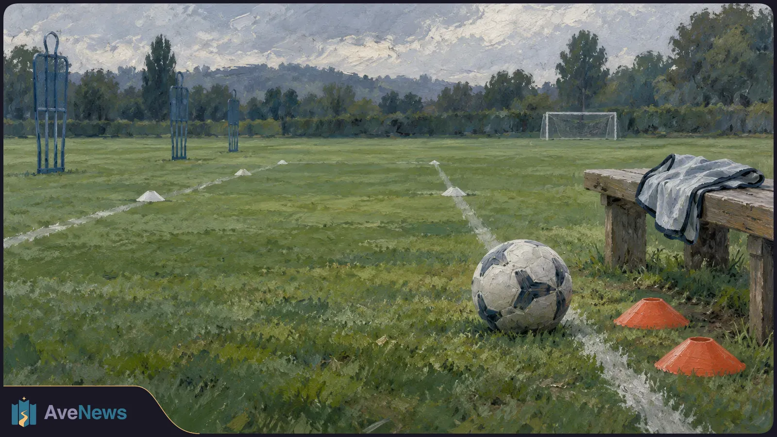 Painted football field with a ball, training mannequins and cones, a distant goal, and a wooden bench holding a vest. SI illustration