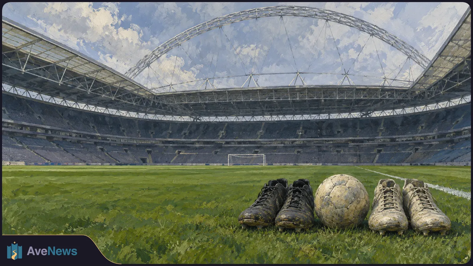 A worn football sits between two pairs of boots on the grass of an empty stadium beneath a sweeping roof arch. SI illustration