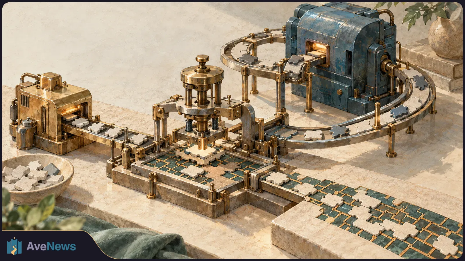 Illustration of puzzle-shaped tiles moving along curved conveyor belts through a central press between two metal machines. SI illustration