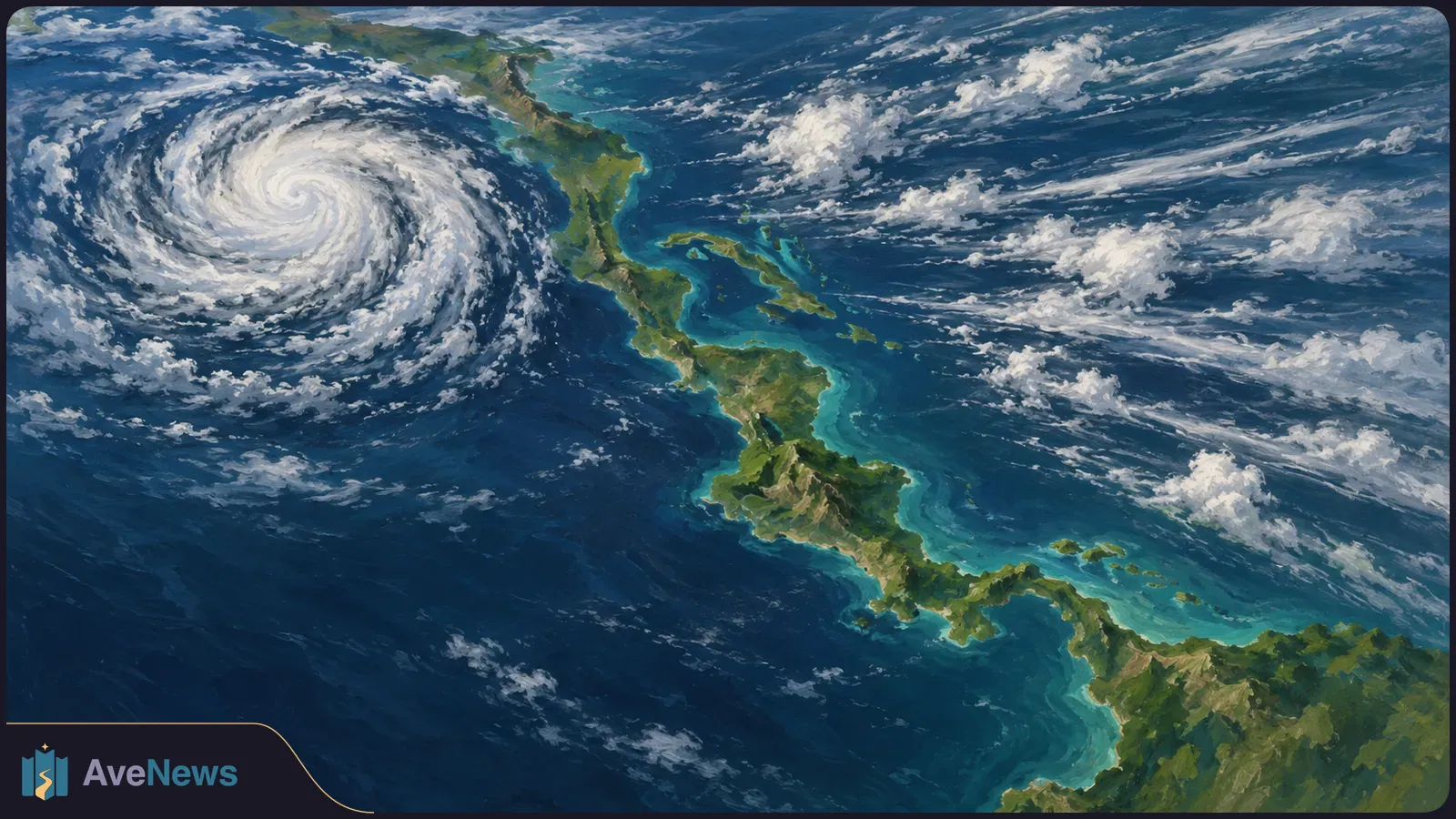 Painted aerial view of Central America between blue seas, with a large spiral storm over the Pacific on the left and scattered clouds on the right. SI illustration