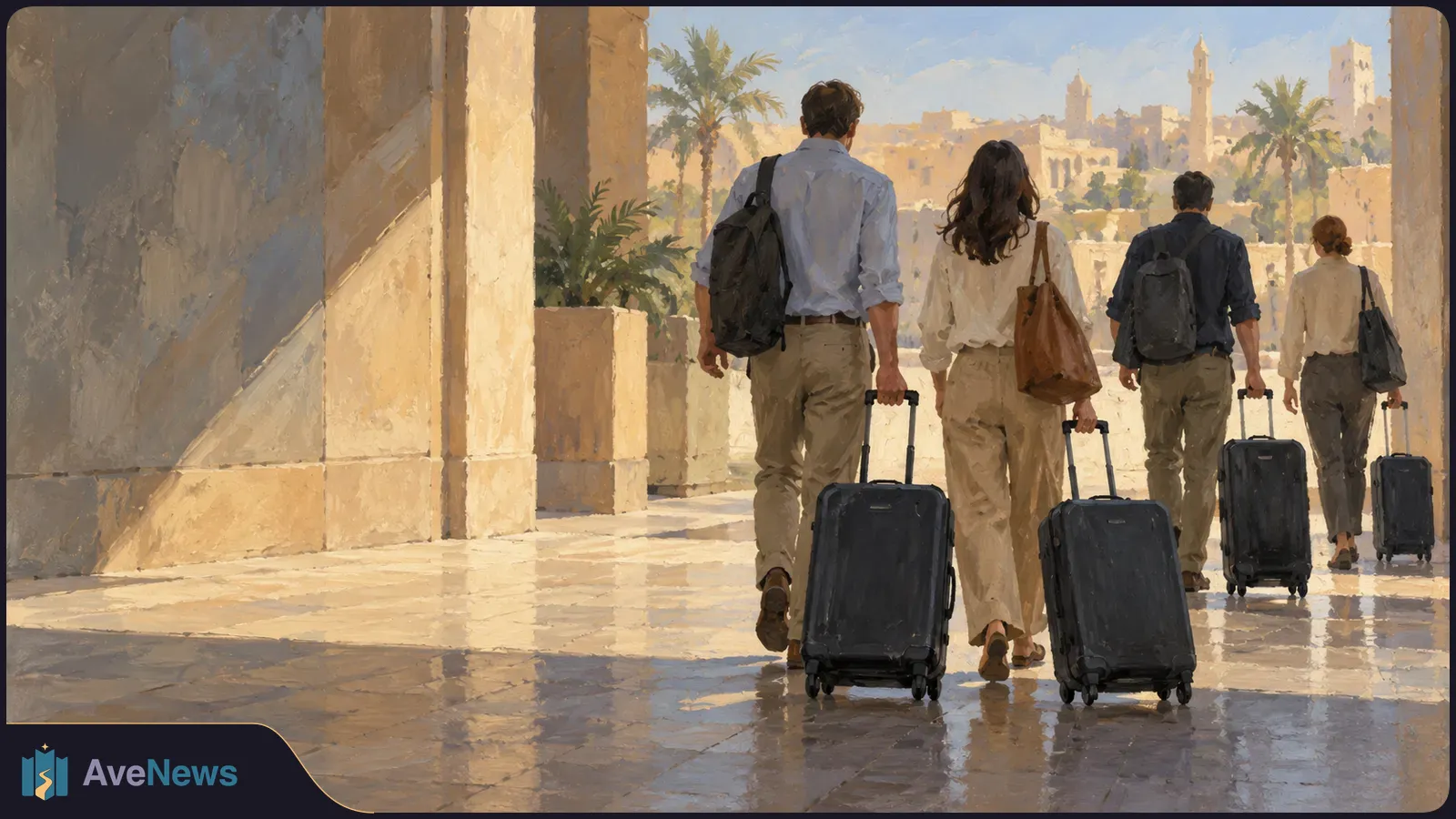 Painterly illustration of four people seen from behind, pulling suitcases through a sunlit stone archway toward a city with palm trees and towers. SI illustration