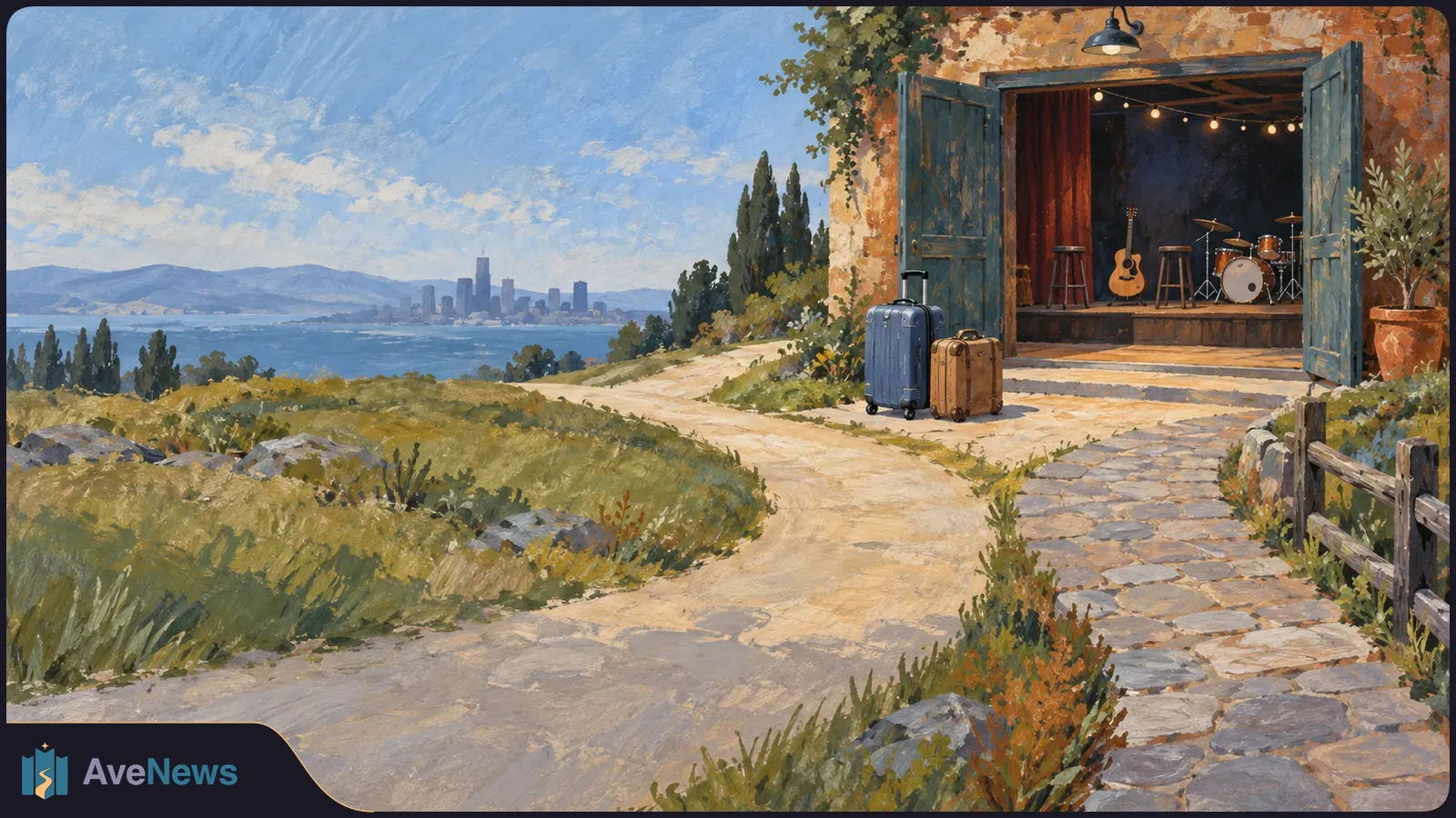 A painted coastal path leads past two suitcases to an open music venue with a guitar and drum kit onstage; a city skyline lies across the water. SI illustration