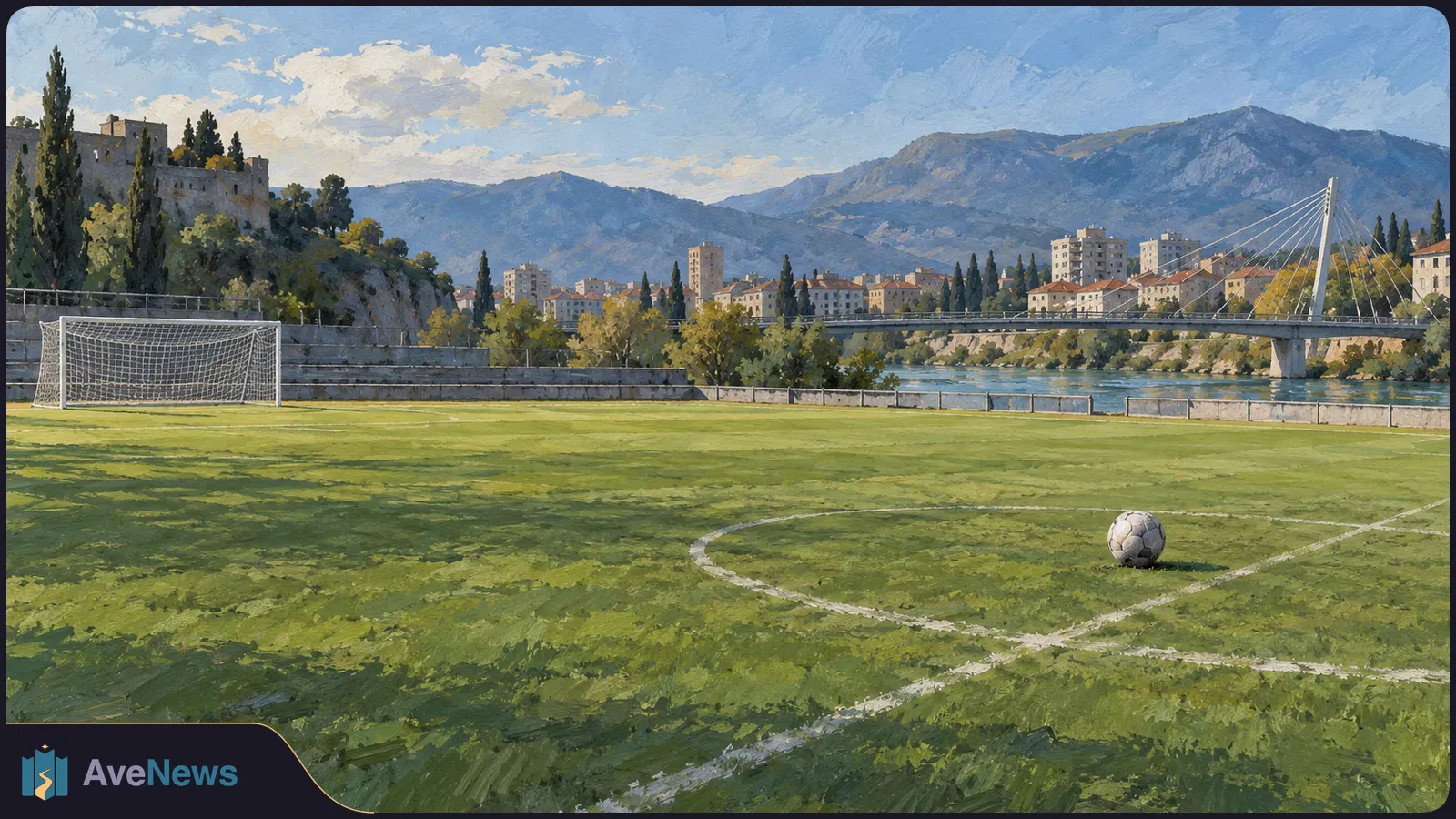 A painted empty football pitch with a ball near white field markings and a goal at left. A river, cable-stayed bridge, city buildings and mountains fill the background. SI illustration
