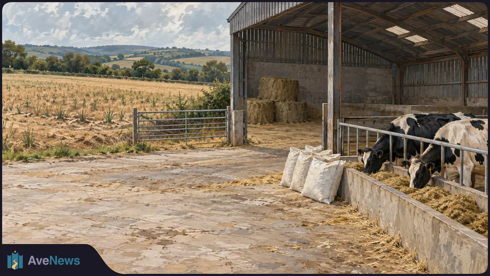 Two black-and-white cows eat at a trough in an open barn beside a dry, sparse field. White sacks and hay bales sit nearby. SI illustration